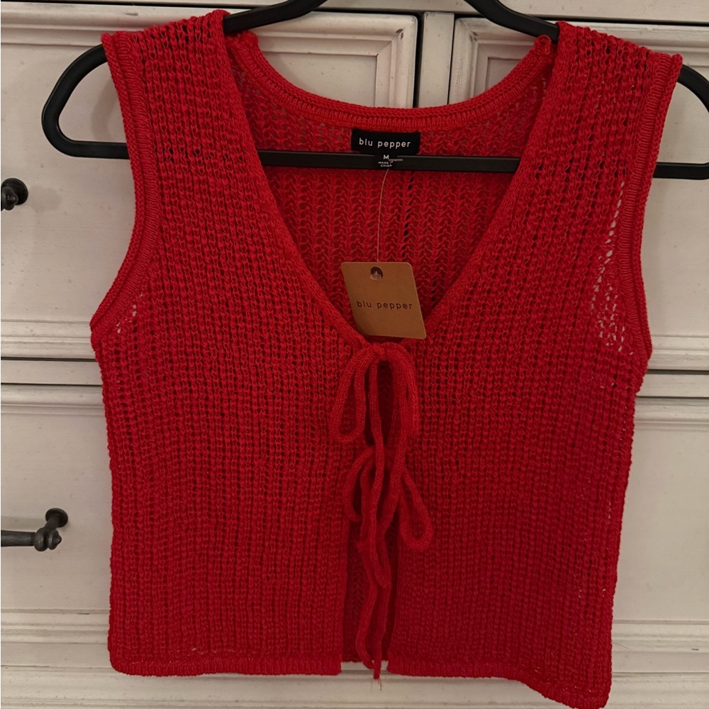 Blu Pepper Red Knit Tie-Front Tank